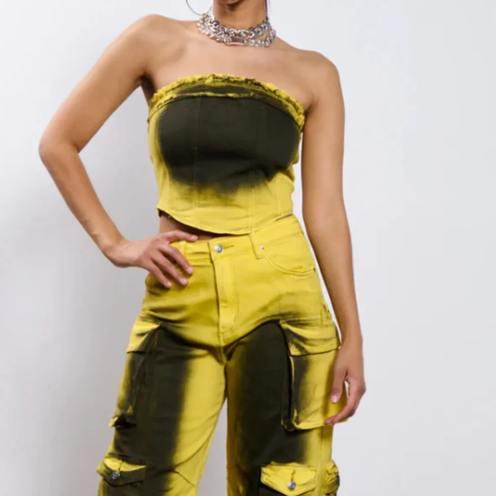 Callie Lives Miz The Spot AKIRA Yellow & Black Spraypainted  Corset Top S M L - Picture 6 of 8